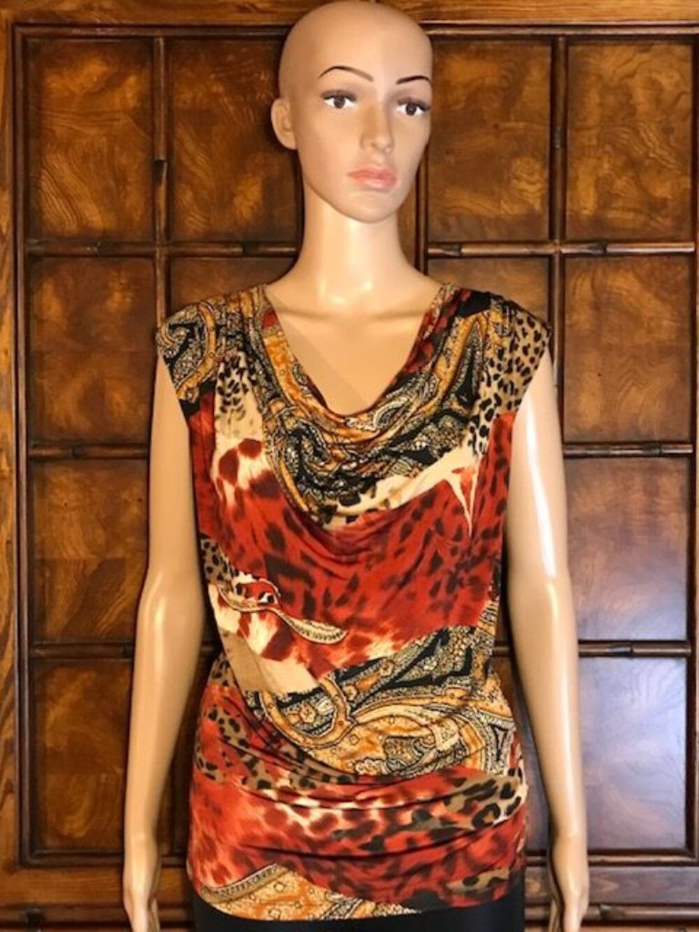 Grecian Sienna Black Gold Leopard Medallion Print Drape Front Sleeveless Top